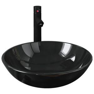 vidaXL Lavabo de bain avec robinet et drain &agrave; poussoir Verre tremp&eacute;