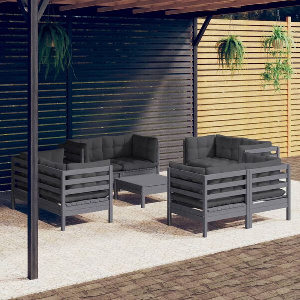 vidaXL Salon de jardin 9 pcs avec coussins anthracite bois de pin