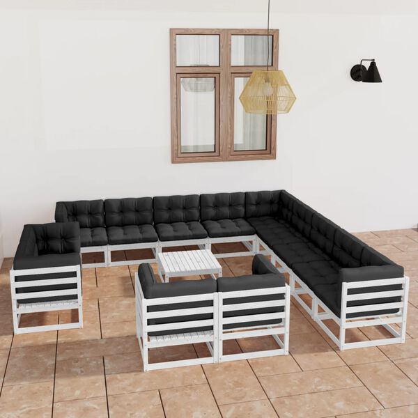 vidaXL Salon de jardin 14 pcs avec coussins Blanc Bois de pin massif