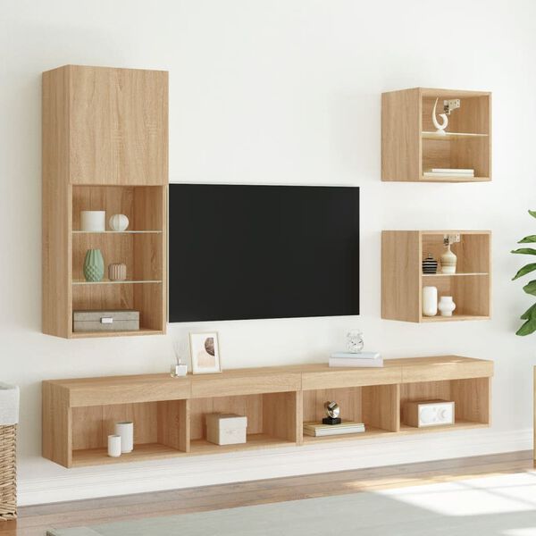 vidaXL Unit&eacute;s murales TV avec LED 5 pcs ch&ecirc;ne sonoma bois d'ing&eacute;nierie