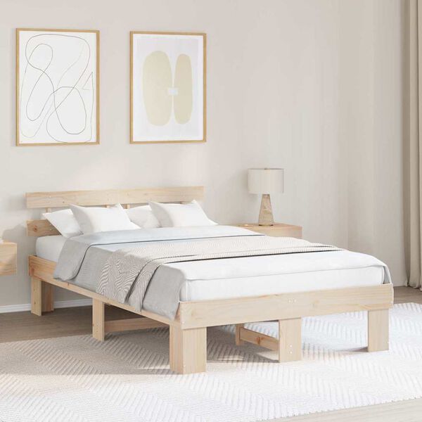 vidaXL Cadre de lit avec t&ecirc;te de lit Naturel 135 x 190 cm Pin massif