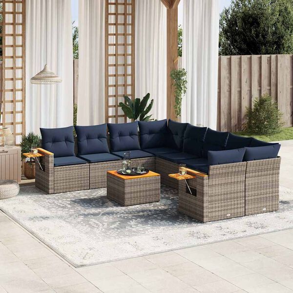 vidaXL Salon de jardin 9 pcs avec coussins gris résine tressée