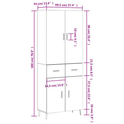 vidaXL Buffet haut Chêne fumé 69,5x34x180 cm Bois d'ingénierie