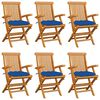 vidaXL Chaises pliantes avec coussins bleus, 6 pi&egrave;ces, en teck massif