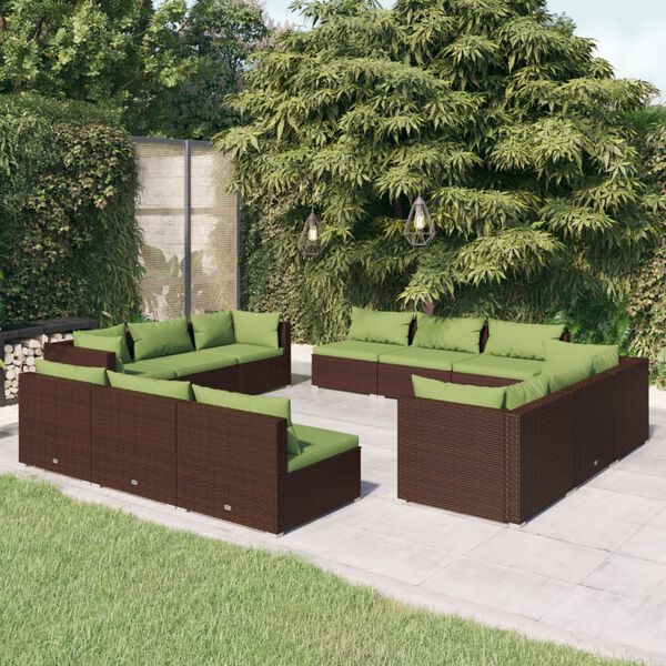 vidaXL Salon de jardin 12 pcs avec coussins Résine tressée Marron
