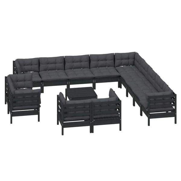 vidaXL Salon de jardin 14 pcs avec coussins Noir Bois de pin solide