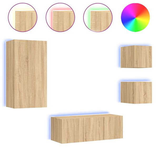 vidaXL Unit&eacute;s murales TV avec LED 5 pcs ch&ecirc;ne sonoma bois d'ing&eacute;nierie