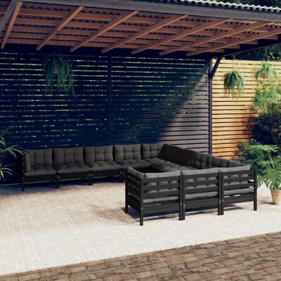 vidaXL Salon de jardin 11 pcs avec coussins Noir Bois de pin