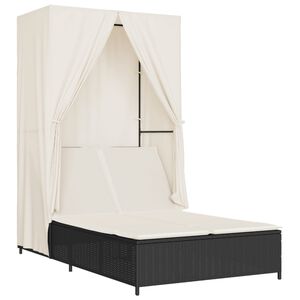 vidaXL Chaise longue double avec toit et rideaux noir r&eacute;sine tress&eacute;e