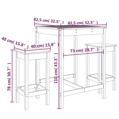 vidaXL Ensemble de bar de jardin 3 pcs gris bois de pin massif