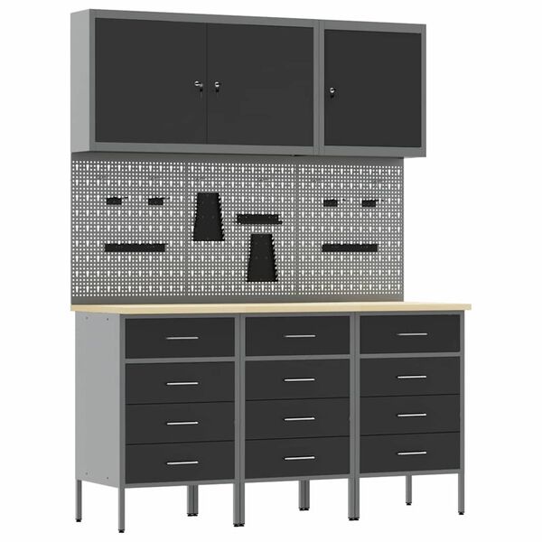 vidaXL Placard de travail 8 pcs Noir Bois d'ing&eacute;nierie et acier