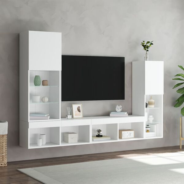 vidaXL Unit&eacute;s murales TV avec LED 4 pcs blanc bois d'ing&eacute;nierie