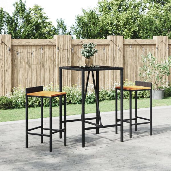 vidaXL Table de bar et dessus en verre noir 70x70x110 cm poly rotin