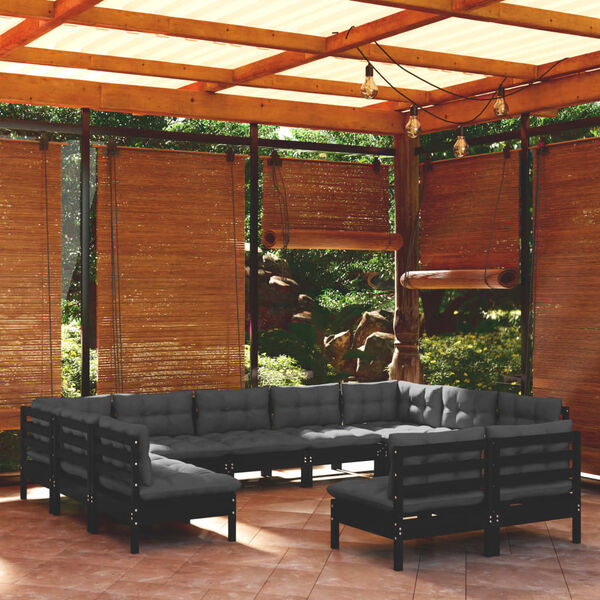 vidaXL Salon de jardin 11 pcs avec coussins Noir Bois de pin solide