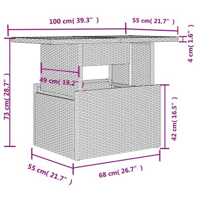 vidaXL Table de jardin dessus en verre marron 100x55x73 cm poly rotin