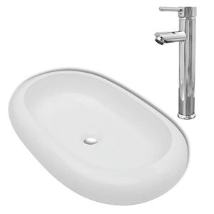 vidaXL Lavabo de salle de bain avec mitigeur C&eacute;ramique Ovale Blanc