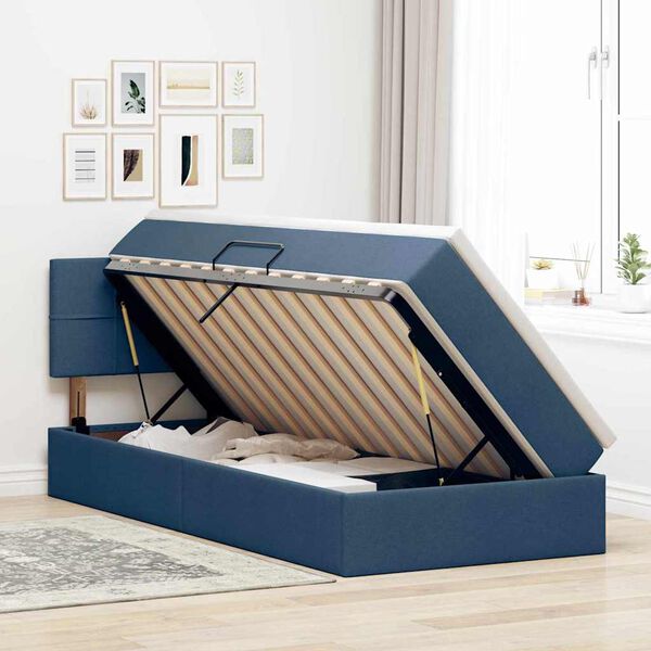 vidaXL Lit avec rangement et LED avec matelas Bleu 90 x 200 cm tissu