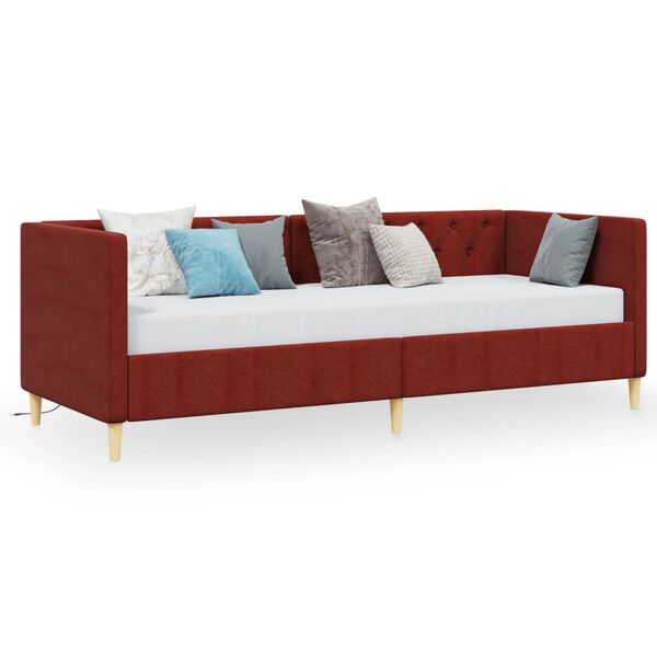 vidaXL Lit avec matelas et USB Rouge bordeaux Tissu 90x200cm