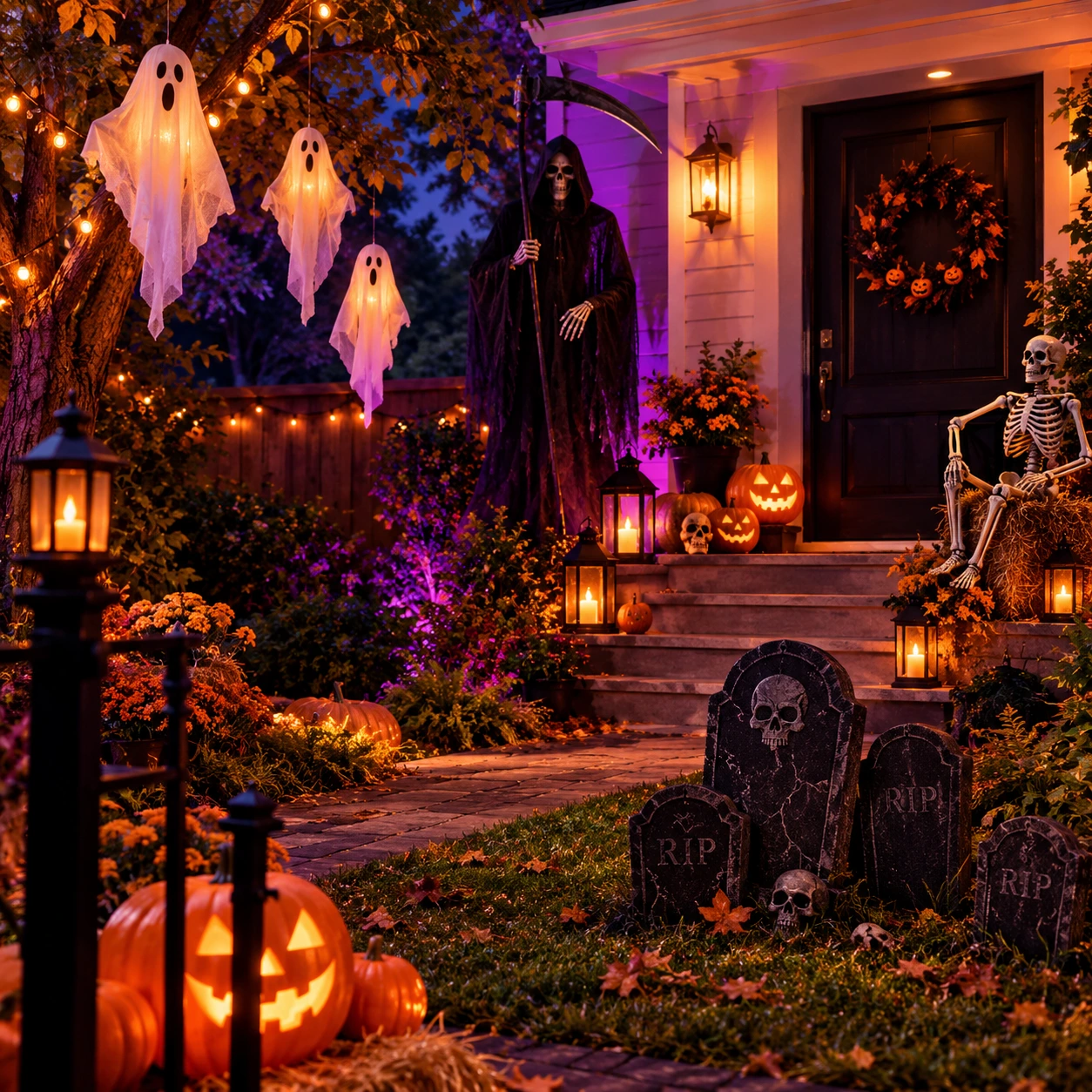 Jardin d’Halloween avec des fantômes suspendus et une faucheuse