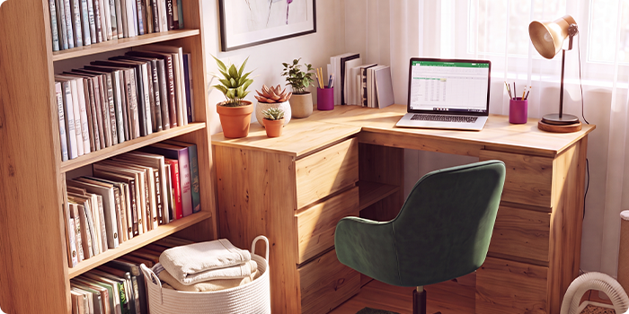Bureau à domicile avec bureau d’angle en bois, chaise de bureau ergonomique verte, ordinateur portable, bibliothèque, lampe de bureau et plantes d’intérieur, pour créer un espace de travail confortable et productif à la maison.