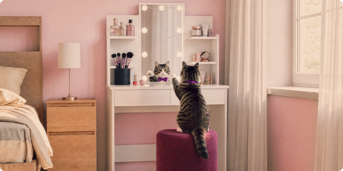 Chat assis à une coiffeuse avec étagères de rangement dans une chambre rose.