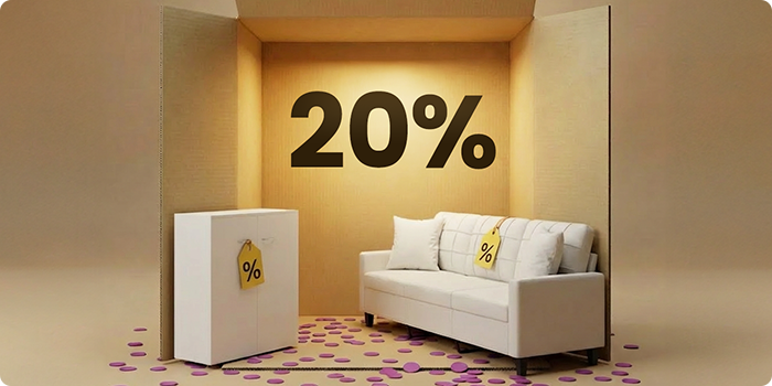 Aménagement de salon avec canapé blanc et meuble de rangement blanc présenté dans un décor en boîte, avec 20 % de réduction sur les meubles de salon.