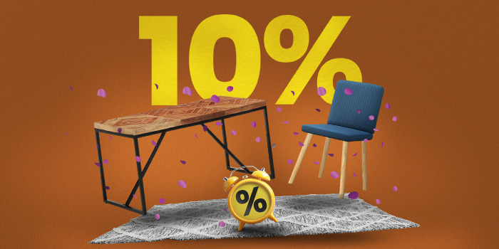 Bannière montrant une table, une chaise, un tapis et un réveil avec un grand texte jaune « 10% »