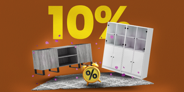 Bannière montrant deux armoires de rangement, un tapis et un réveil avec un grand texte jaune « 10% ».