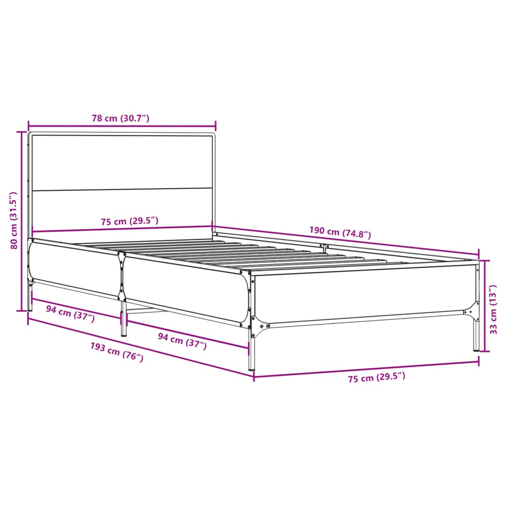 vidaXL Cadre de lit sans matelas sonoma gris 75x190 cm