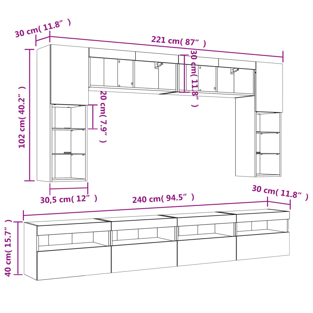 vidaXL Ensemble de meubles TV muraux 8pcs et lumières LED chêne sonoma