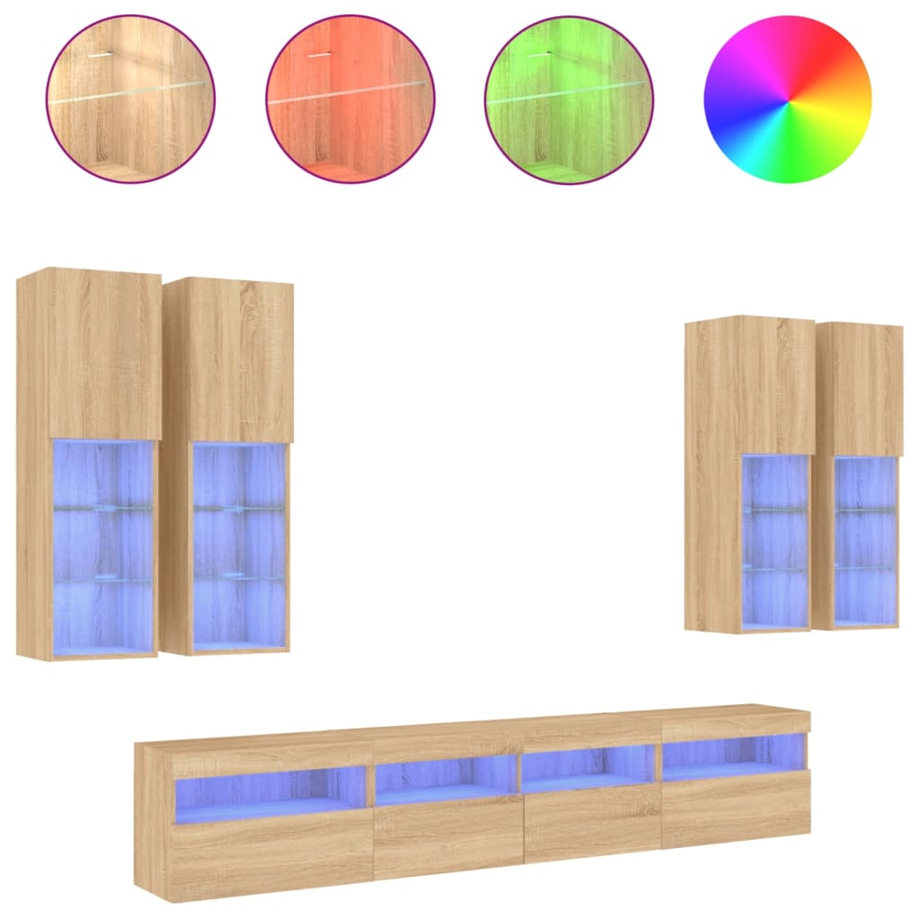 vidaXL Ensemble de meubles TV muraux 7pcs et lumières LED chêne sonoma