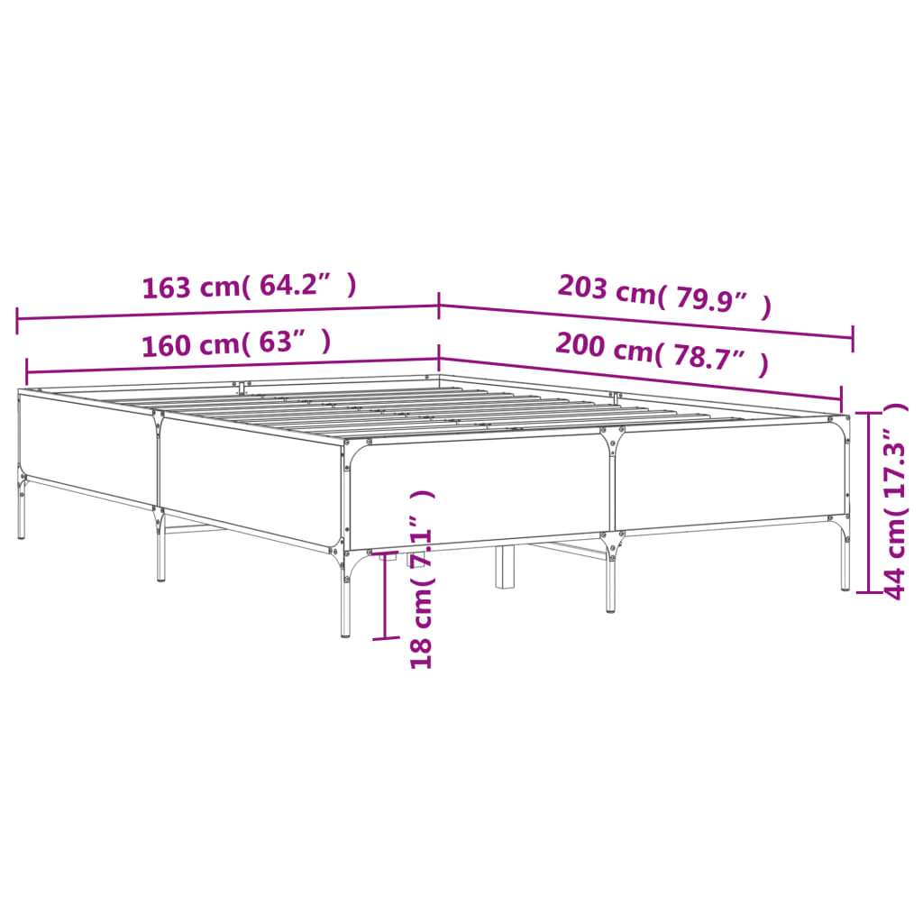 vidaXL Cadre de lit sonoma gris 160x200 cm bois d'ingénierie et métal