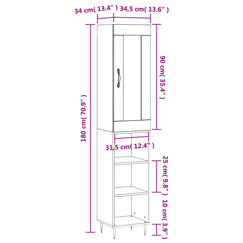 vidaXL Buffet haut Chêne marron 34,5x34x180 cm Bois d'ingénierie