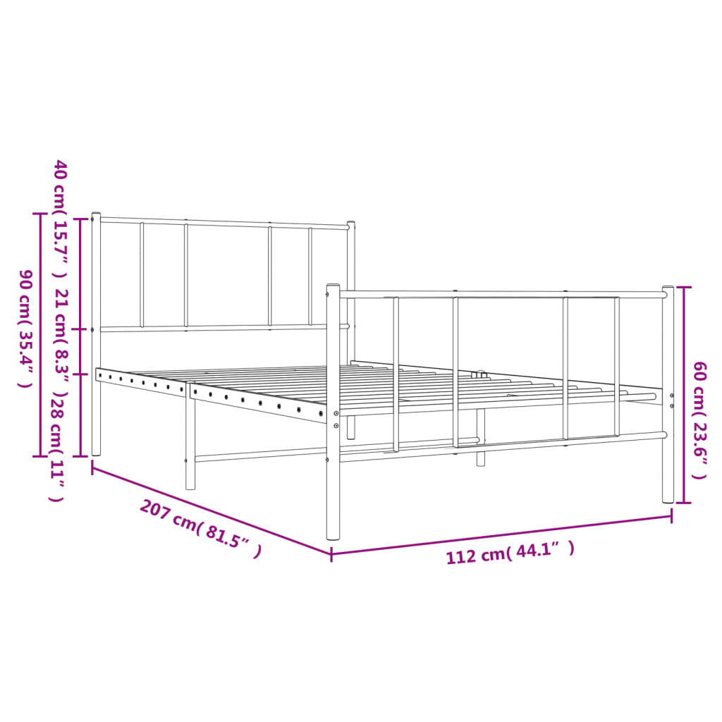 vidaXL Cadre de lit métal avec tête de lit/pied de lit blanc 107x203cm