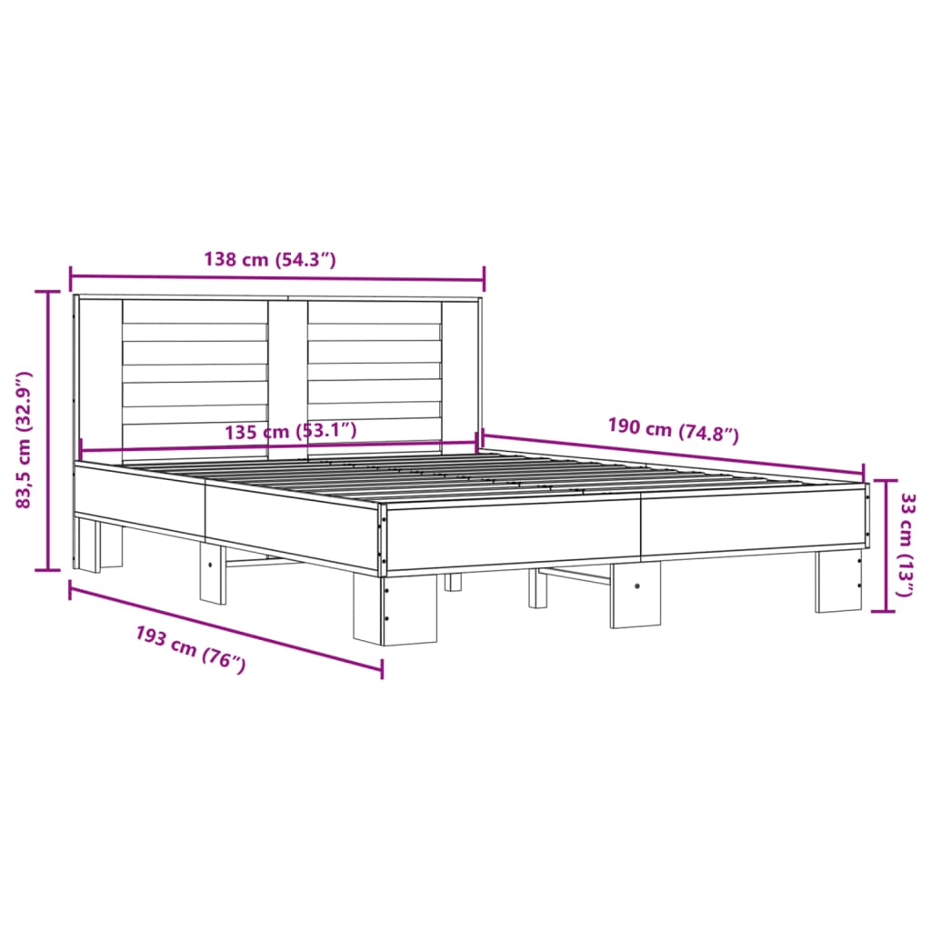 vidaXL Cadre de lit chêne sonoma 135x190 cm bois d'ingénierie et métal