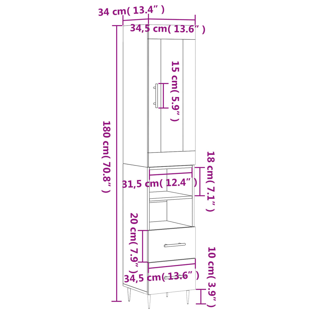 vidaXL Buffet haut Sonoma gris 34,5x34x180 cm Bois d'ingénierie