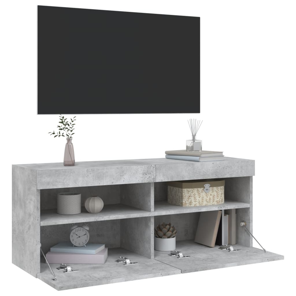 vidaXL Meuble TV mural avec lumières LED gris béton 100x30x40 cm