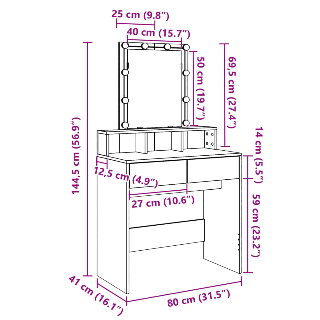 vidaXL Coiffeuse avec LED chêne sonoma 80x41x144,5 cm