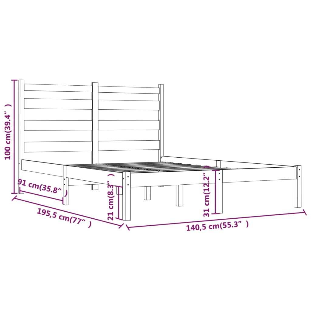 vidaXL Cadre de lit Noir Bois de pin massif 135x190 cm Double