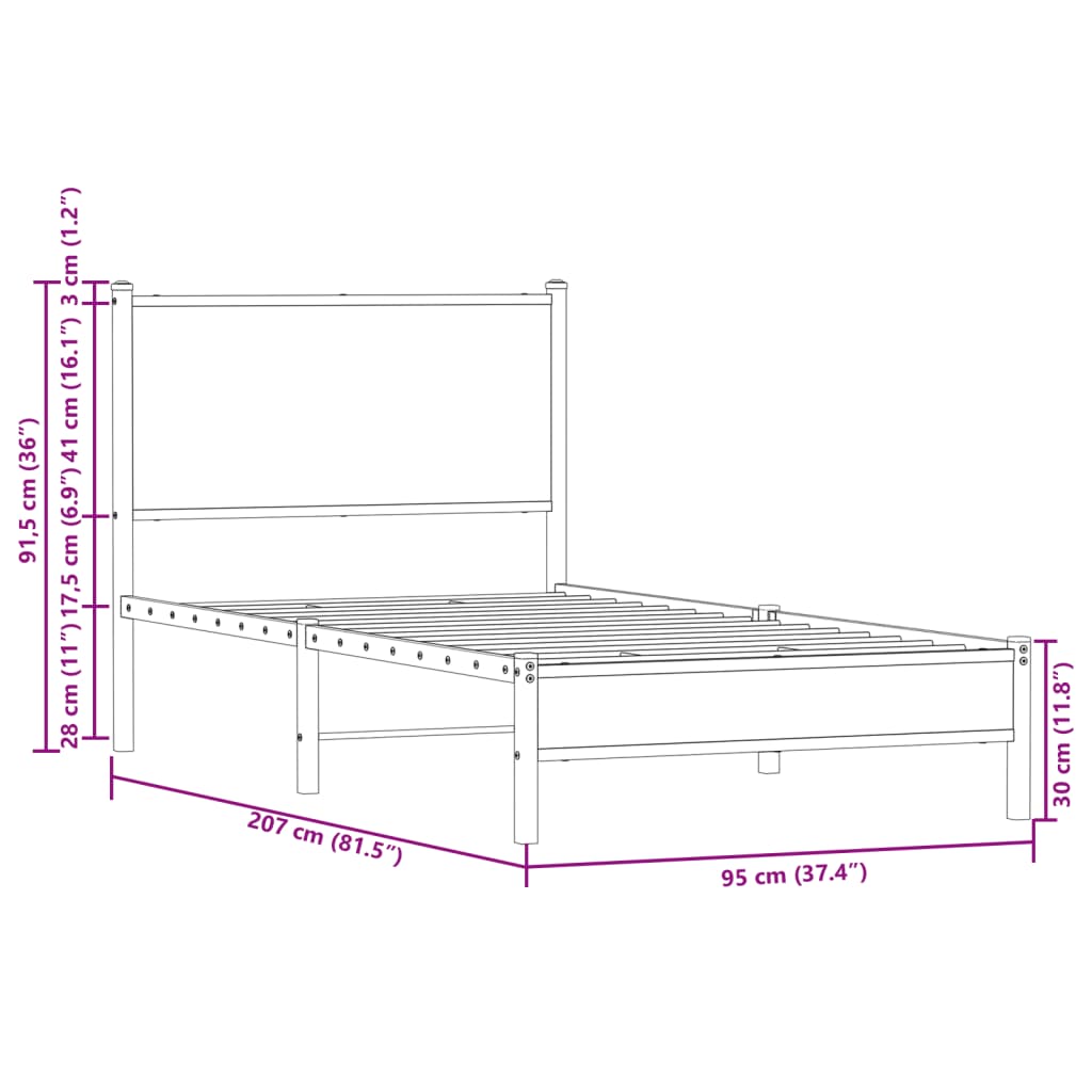 vidaXL Cadre de lit en métal sans matelas chêne fumé 90x200 cm