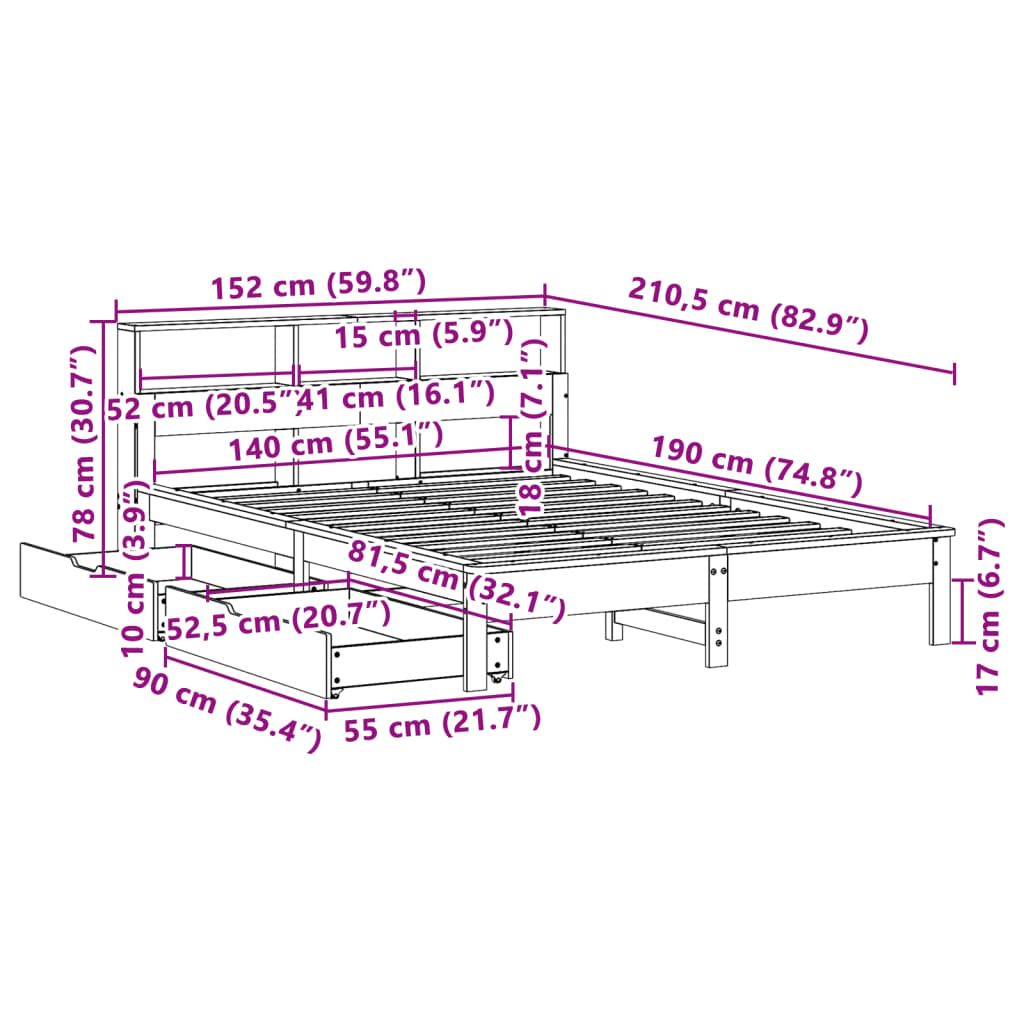 vidaXL Lit bibliothèque sans matelas 140x190 cm bois de pin massif