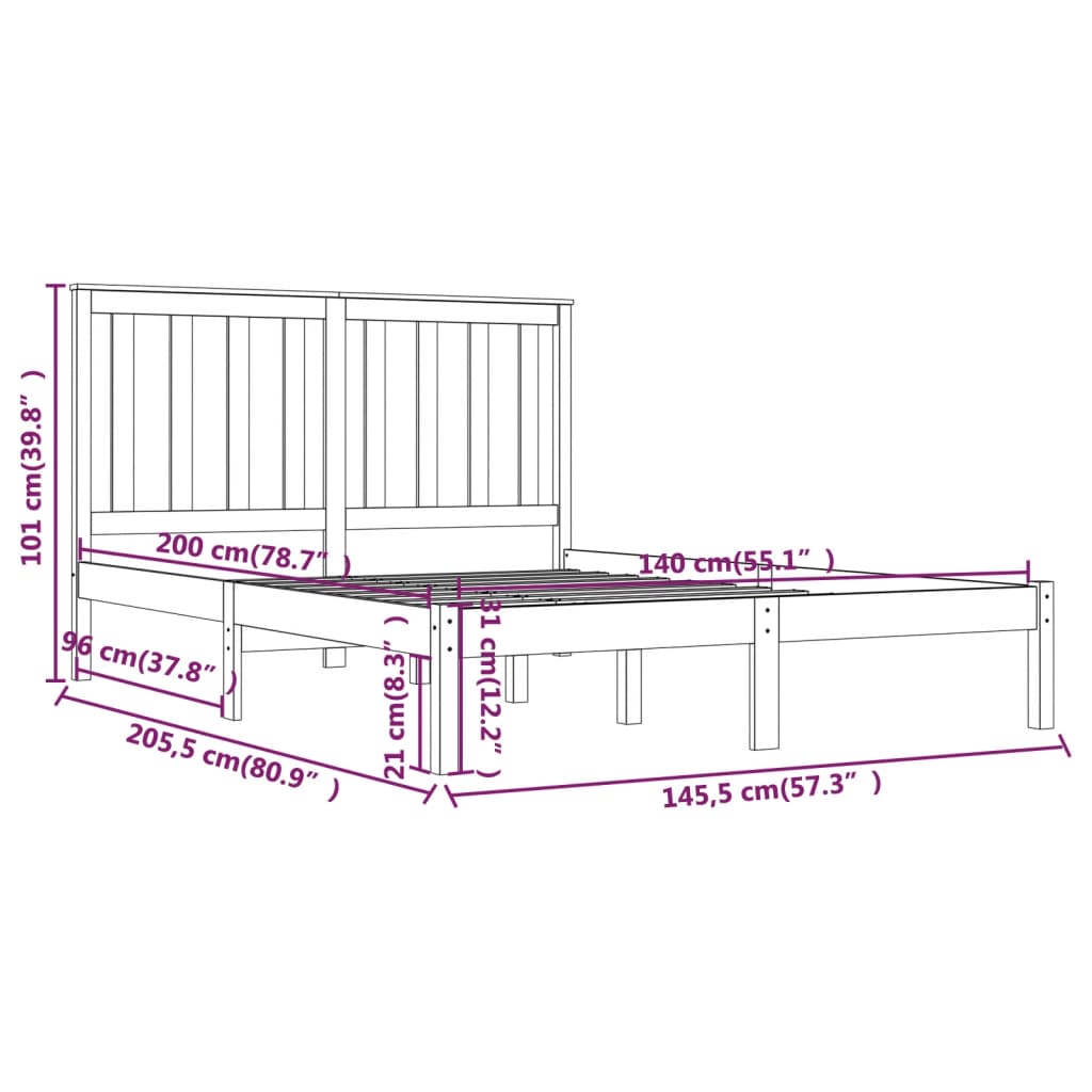 vidaXL Cadre de lit Marron miel Bois de pin massif 140x200 cm