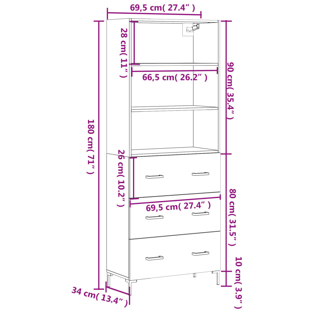 vidaXL Buffet haut Noir 69,5x34x180 cm Bois d'ingénierie