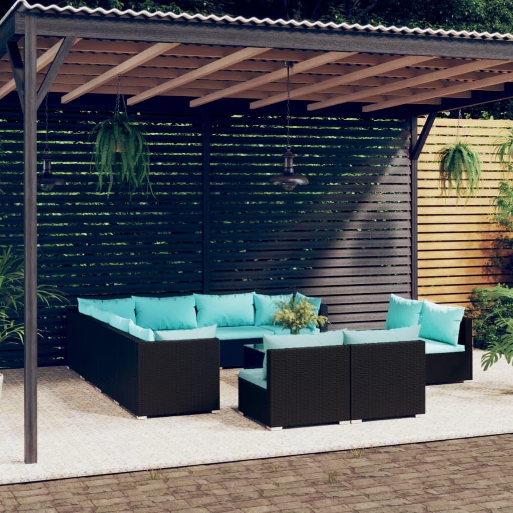 vidaXL Salon de jardin 12 pcs avec coussins Noir Résine tressée