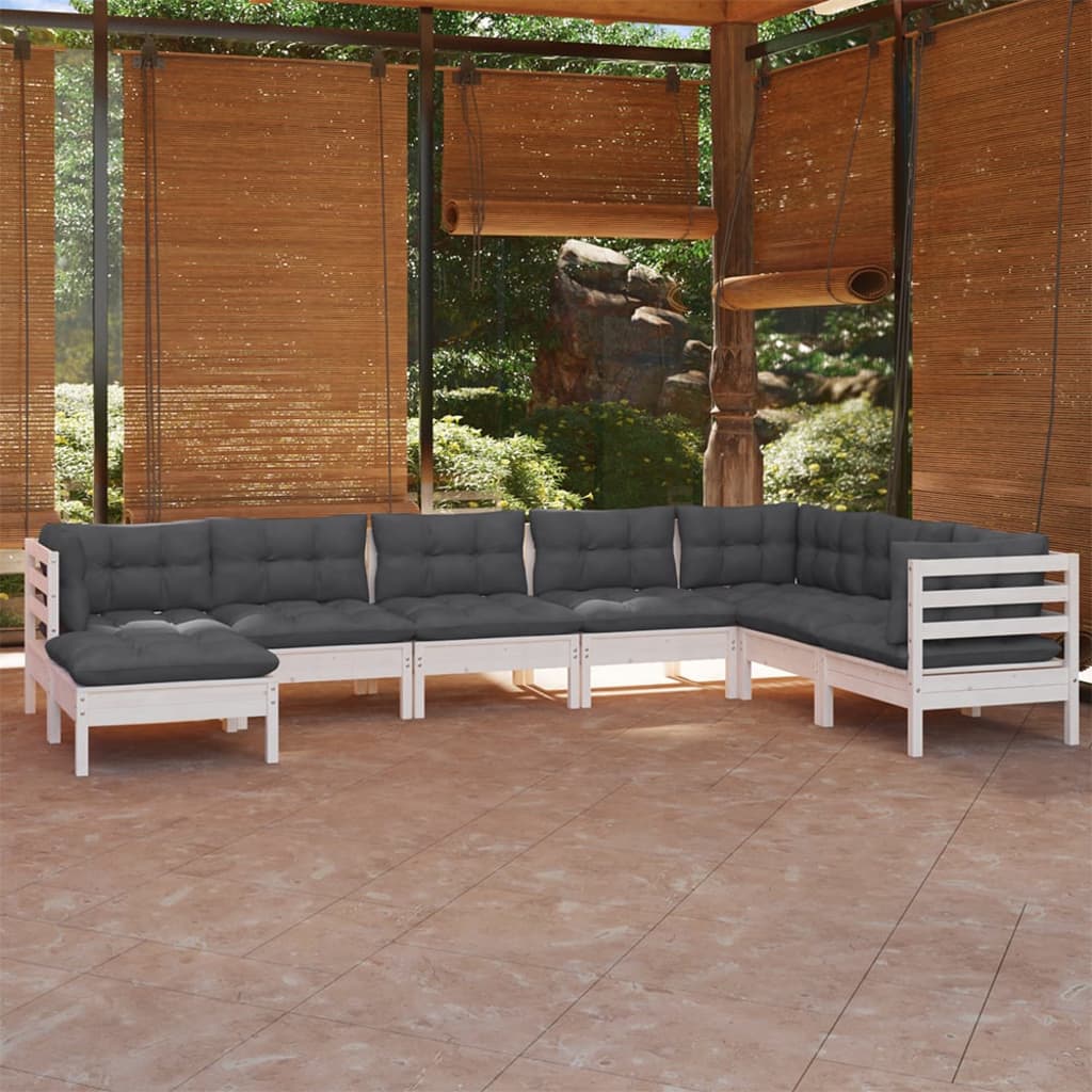 vidaXL Salon de jardin 8 pcs avec coussins blanc bois de pin solide