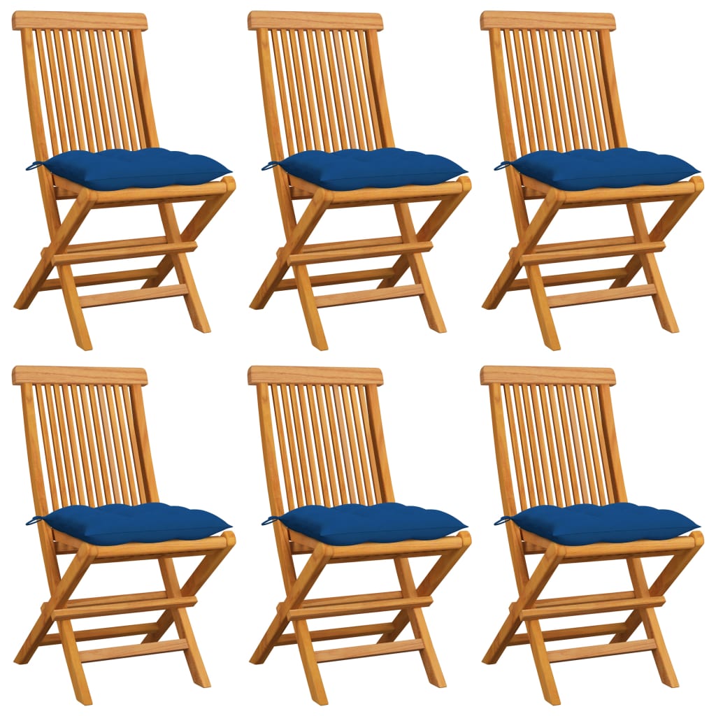 vidaXL Chaises de jardin avec coussins bleu 6 pcs Bois de teck massif