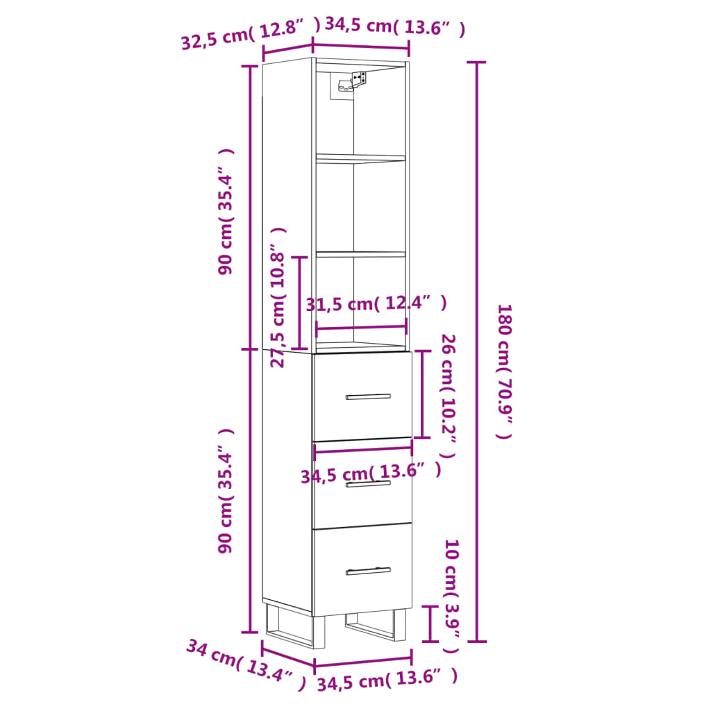 vidaXL Buffet haut Blanc brillant 34,5x34x180 cm Bois d'ingénierie