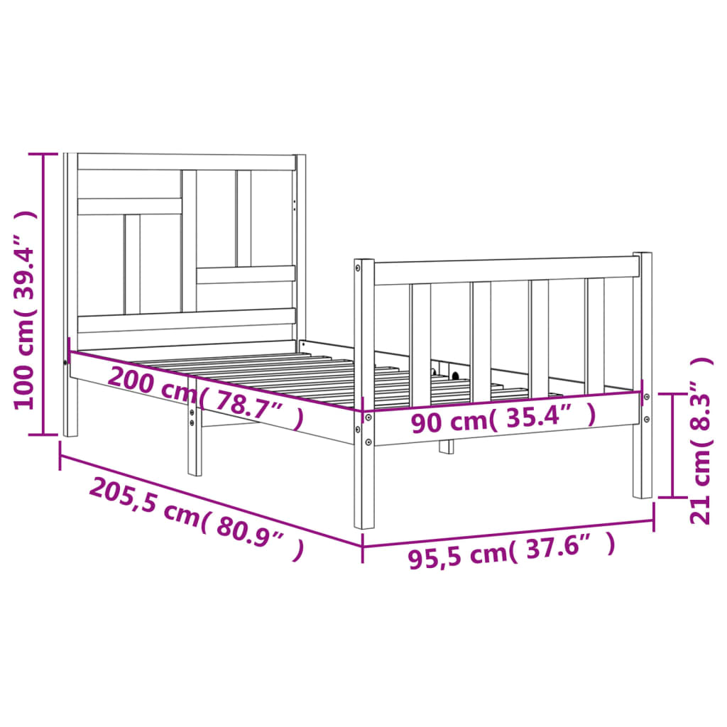 vidaXL Cadre de lit avec tête de lit 90x200 cm bois massif