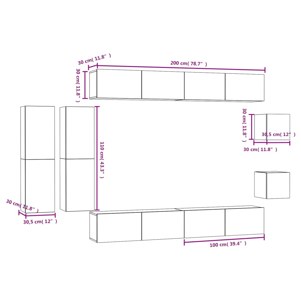 vidaXL Ensemble de meubles TV 8 pcs Gris béton Bois d'ingénierie