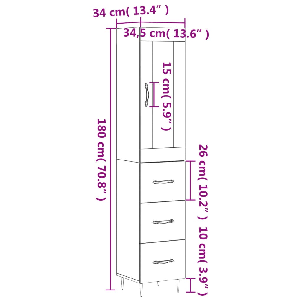 vidaXL Buffet haut Chêne sonoma 34,5x34x180 cm Bois d'ingénierie